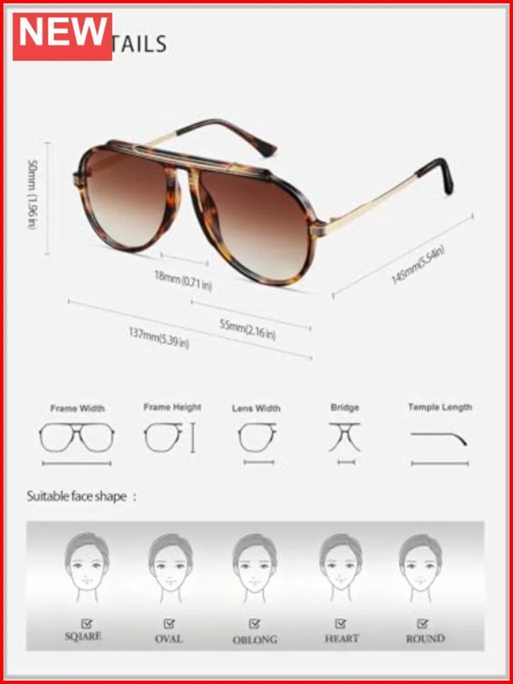 Oversized Aviator Sunglasses Retro Vintage UV Protection